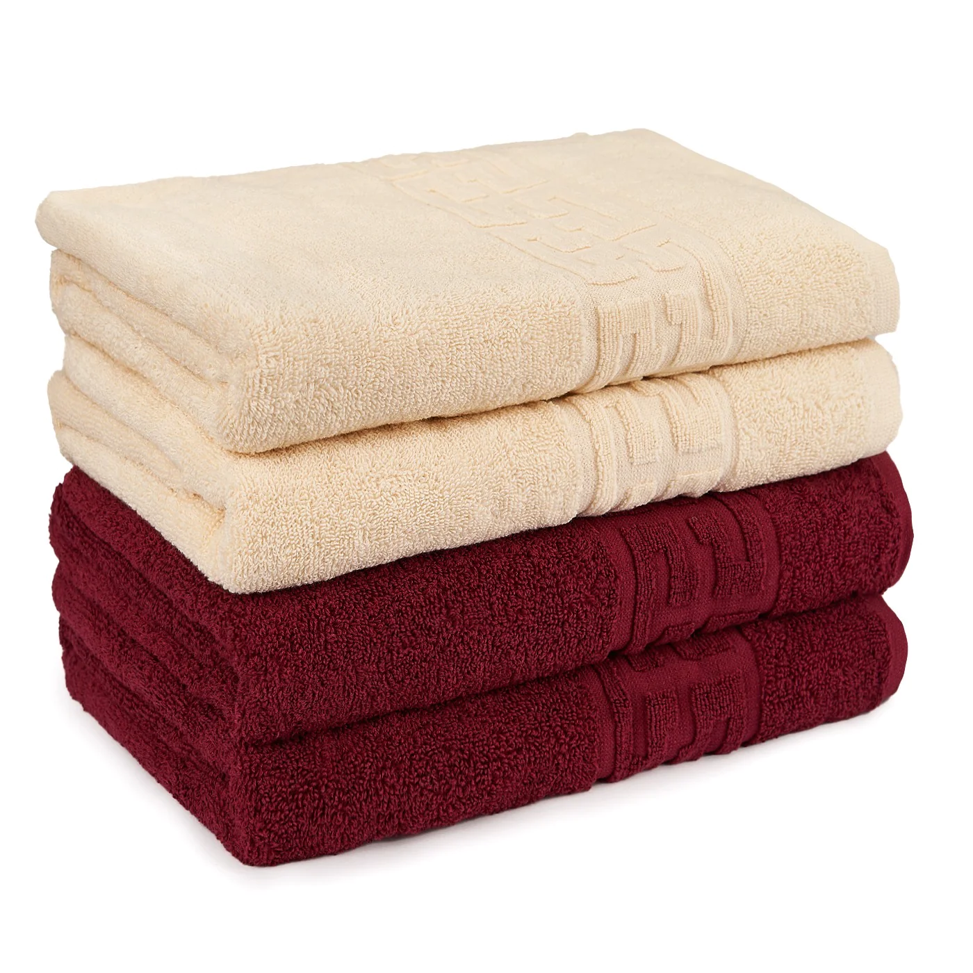 Seturi Cu 4 Prosoape 100% Bumbac - Set 4 Prosoape Baie, Bumbac 100% - Crem / Visiniu