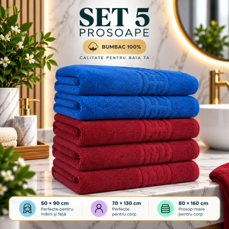 Prosoape de Baie din Bumbac 100% - Set 5 Prosoape Baie, Bumbac 100% - Albastru / Visiniu
