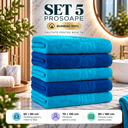 Prosoape de Baie din Bumbac 100% - Set 5 Prosoape Baie, Bumbac 100% - Bleu / Albastru