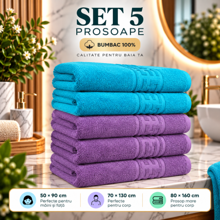 Prosoape de Baie din Bumbac 100% - Set 5 Prosoape Baie, Bumbac 100% - Bleu / Mov