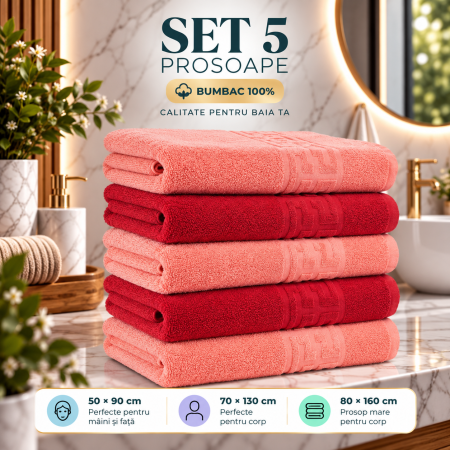 Prosoape de Baie din Bumbac 100% - Set 5 Prosoape Baie, Bumbac 100% - Corai/Rosu
