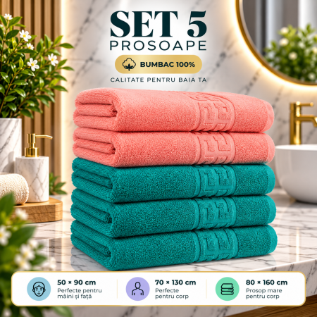 Prosoape de Baie din Bumbac 100% - Set 5 Prosoape Baie, Bumbac 100% - Corai / Verde