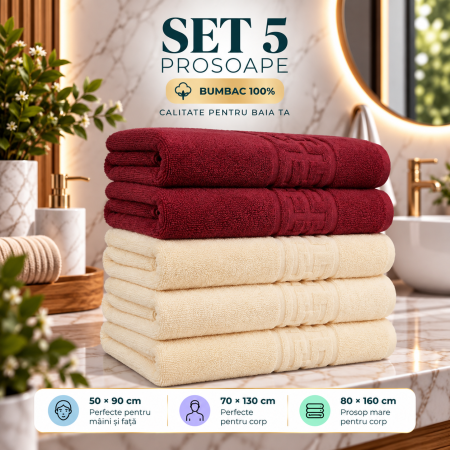 Prosoape de Baie din Bumbac 100% - Set 5 Prosoape Baie, Bumbac 100% - Crem / Visiniu