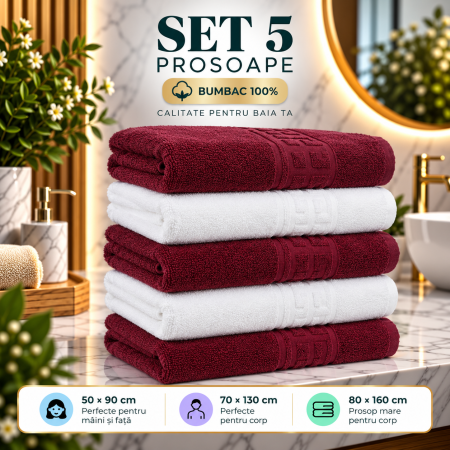 Prosoape de Baie din Bumbac 100% - Set 5 Prosoape Baie, Bumbac 100% - Grena/Alb