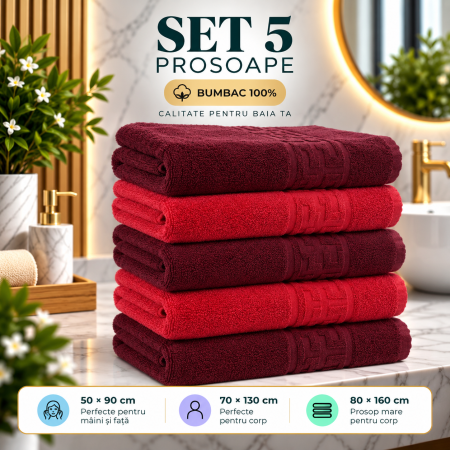 Prosoape de Baie din Bumbac 100% - Set 5 Prosoape Baie, Bumbac 100% - Grena/Rosu