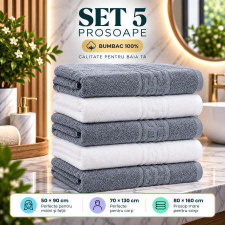 Prosoape de Baie din Bumbac 100% - Set 5 Prosoape Baie, Bumbac 100% - Gri/Alb