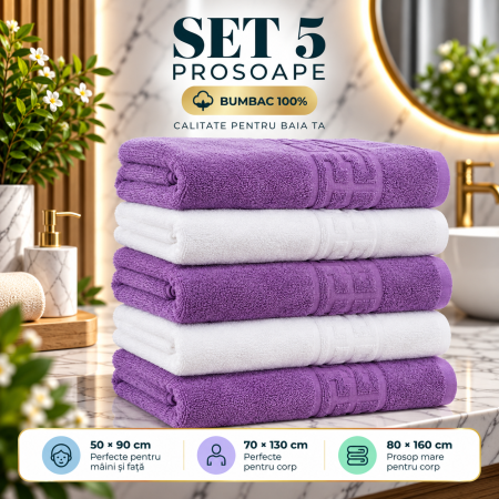 Prosoape de Baie din Bumbac 100% - Set 5 Prosoape Baie, Bumbac 100% - Mov/Alb