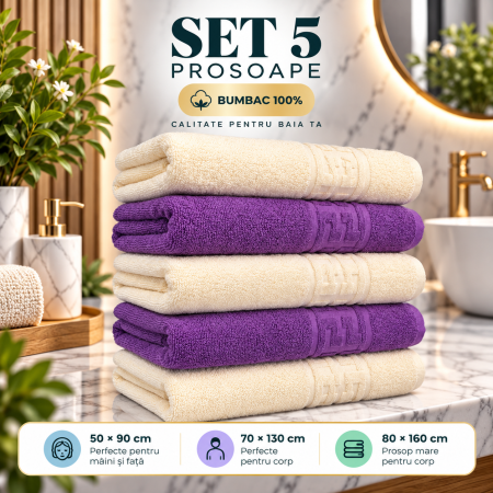 Prosoape de Baie din Bumbac 100% - Set 5 Prosoape Baie, Bumbac 100%, Mov / Bej