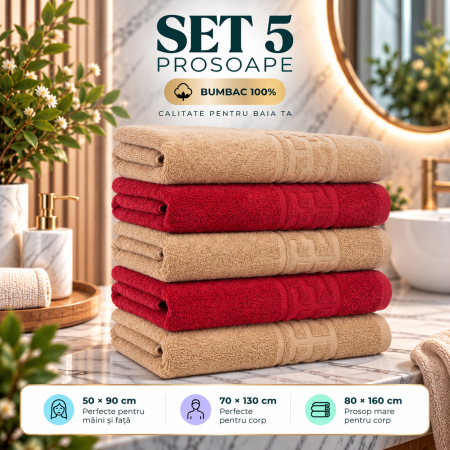 Prosoape de Baie din Bumbac 100% - Set 5 Prosoape Baie, Bumbac 100%, Rosu / Maro
