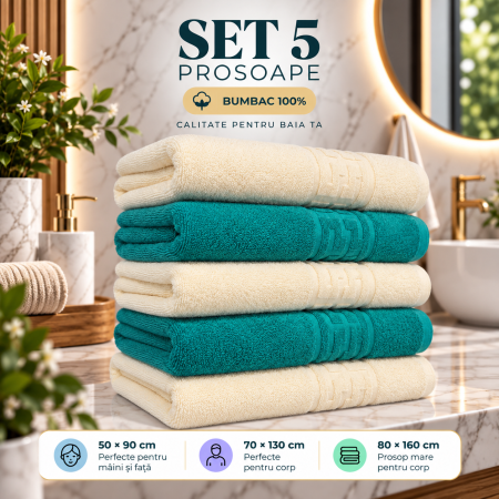Prosoape de Baie din Bumbac 100% - Set 5 Prosoape Baie, Bumbac 100%, Verde/ Bej