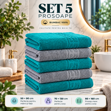 Prosoape de Baie din Bumbac 100% - Set 5 Prosoape Baie, Bumbac 100%, Verde/ Gri
