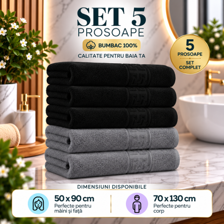 Set 5 Prosoape Premium 100% Bumbac, Moi, Pufoase și Foarte Absorbante