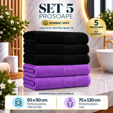 Set 5 Prosoape Premium 100% Bumbac, Moi, Pufoase și Foarte Absorbante