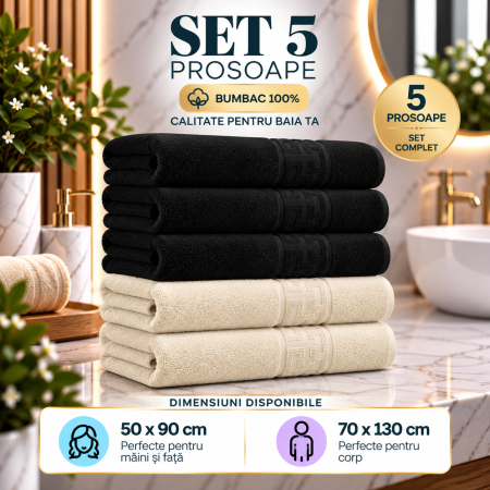 Set 5 Prosoape Premium 100% Bumbac, Moi, Pufoase și Foarte Absorbante