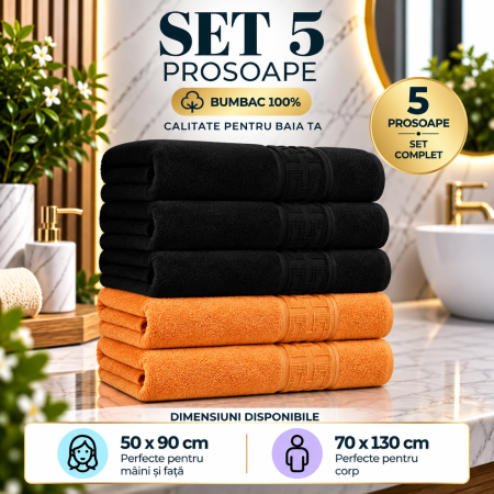 Set 5 Prosoape Premium 100% Bumbac, Moi, Pufoase și Foarte Absorbante