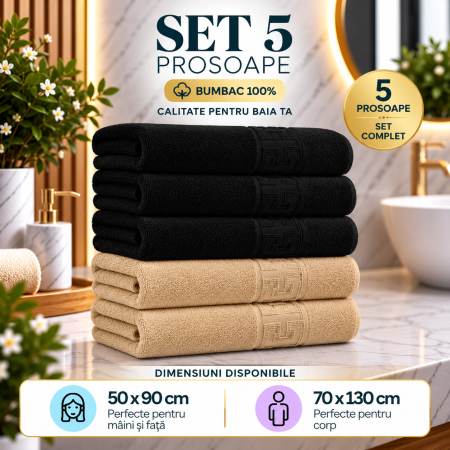 Set 5 Prosoape Premium 100% Bumbac, Moi, Pufoase și Foarte Absorbante