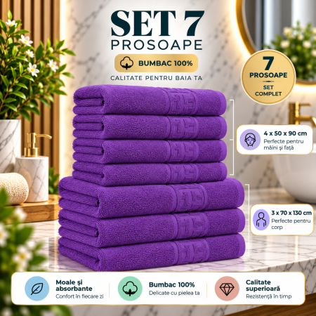 Prosoape de Baie din Bumbac 100% - Set 7 Prosoape, Bumbac 100%, 550g/m²