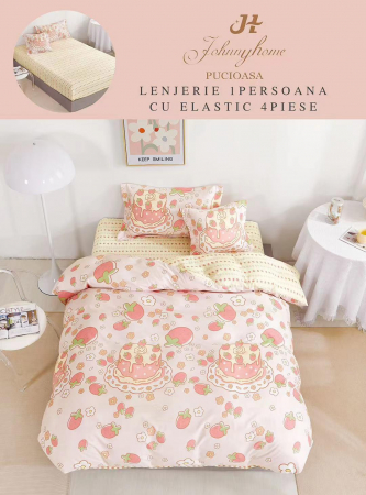 OFERTE SPECIALE - Set Lenjerie De Pat 1 Persoana, 4 piese, cu ELASTIC - Tort Cu Capsuni
