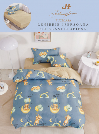 OFERTE SPECIALE - Set Lenjerie De Pat 1 Persoana, 4 piese, cu ELASTIC - All the stars Albastru