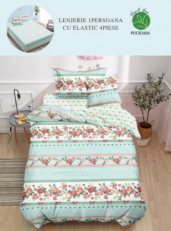 OFERTE SPECIALE - Set Lenjerie De Pat 1 Persoana, 4 piese, cu ELASTIC - Verde Menta