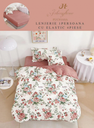 OFERTE SPECIALE - Set Lenjerie De Pat 1 Persoana, 4 piese, cu ELASTIC - Garden Beauty