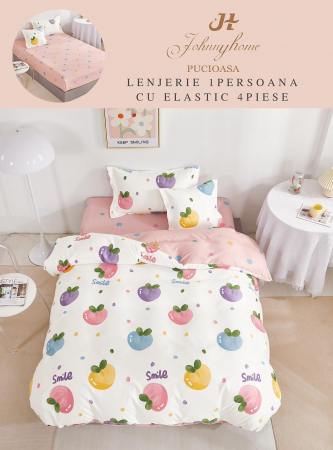 OFERTE SPECIALE - Set Lenjerie De Pat 1 Persoana, 4 piese, cu ELASTIC - Smile Piersicute