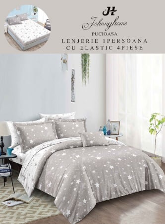OFERTE SPECIALE - Set Lenjerie De Pat 1 Persoana, 4 piese, cu ELASTIC - Stele