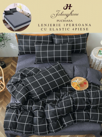 OFERTE SPECIALE - Set Lenjerie De Pat 1 Persoana, 4 piese, cu ELASTIC - Negru cu Carouri