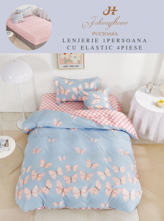OFERTE SPECIALE - Set Lenjerie De Pat 1 Persoana, 4 piese, cu ELASTIC - Fluturi Roz