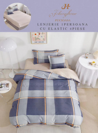 OFERTE SPECIALE - Set Lenjerie De Pat 1 Persoana, 4 piese, cu ELASTIC - Patratele Albastre