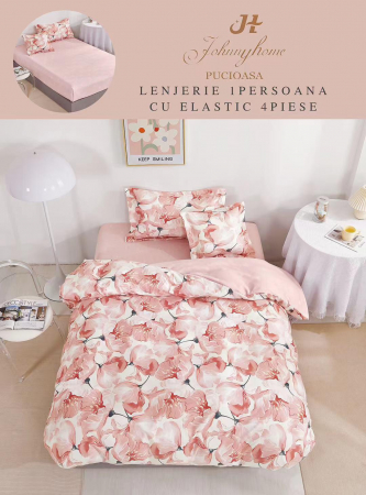 OFERTE SPECIALE - Set Lenjerie De Pat 1 Persoana, 4 piese, cu ELASTIC - Flori Roz