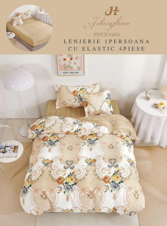OFERTE SPECIALE - Set Lenjerie De Pat 1 Persoana, 4 piese, cu ELASTIC - Royal Flori Bej