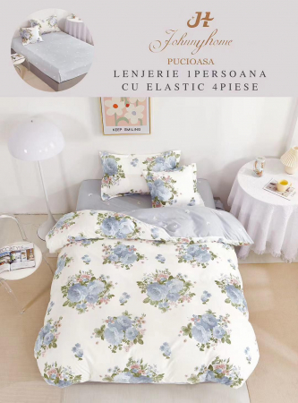 OFERTE SPECIALE - Set Lenjerie De Pat 1 Persoana, 4 piese, cu ELASTIC - Flori Albastre