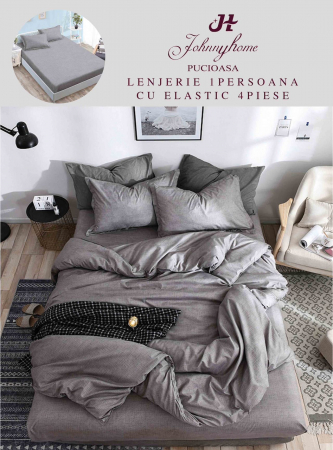 OFERTE SPECIALE - Set Lenjerie De Pat 1 Persoana, 4 piese, cu ELASTIC - Gri