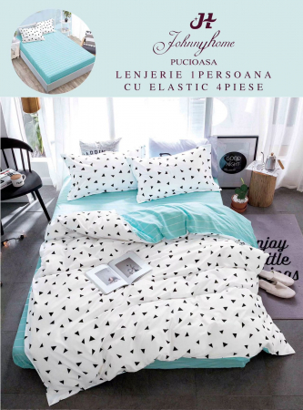 OFERTE SPECIALE - Set Lenjerie De Pat 1 Persoana, 4 piese, cu ELASTIC - Buline