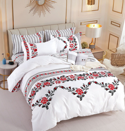 OFERTE SPECIALE - Set Lenjerie de pat 2 Persoane din Bumbac Tip Finet, cu Elastic, 6 Piese - Traditional Roses