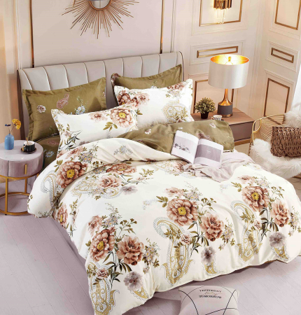 OFERTE SPECIALE - Set Lenjerie de Pat cu Elastic, Bumbac Tip Finet, 6 Piese, Pat 2 Persoane, Flowers Bej