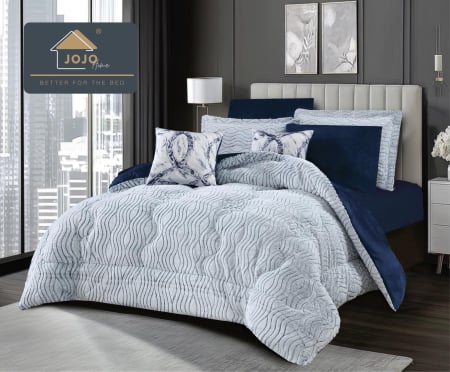 Lenjerii super pufoase cu blanita iepure - Set lenjerie de pat cu elastic ,cu pilota inclusa, blanita artificiala de iepure, 6 piese, Bleumarin