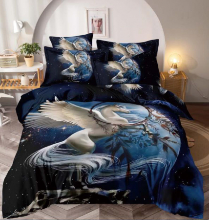 LENJERII DE PAT - Lenjerie de Pat Finet 3D cu 2 Fete, 6 Piese, Pat 2 Persoane, Unicorn Horse