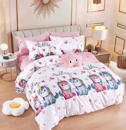 Cearceaf Pat Clasic - Set Lenjerie de Pat Finet 6 Piese, Bumbac Finet, Fără Elastic – Sweet Unicorn Love