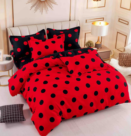 Lenjerii Pat Bumbac Tip Finet - Set Lenjerie de Pat Finet 6 Piese, Bumbac Finet, Fără Elastic – Red Polka