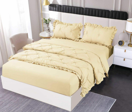Set Lenjerie Pat Dublu, 4 Piese, Finet, cu Elastic, Pliuri și Volănașe