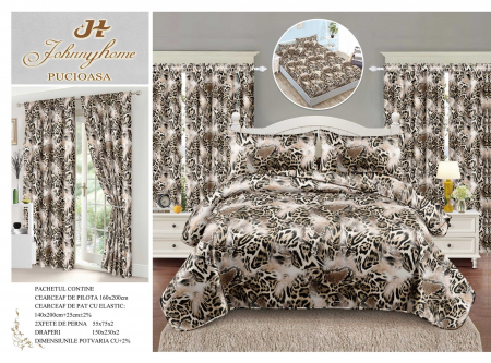 Lenjerii de Pat 1 Persoană | Cu Elastic - Set Lenjerie pat dublu cu Elastic (140x200cm) + 2 draperii, finet, 6 piese - Leopard