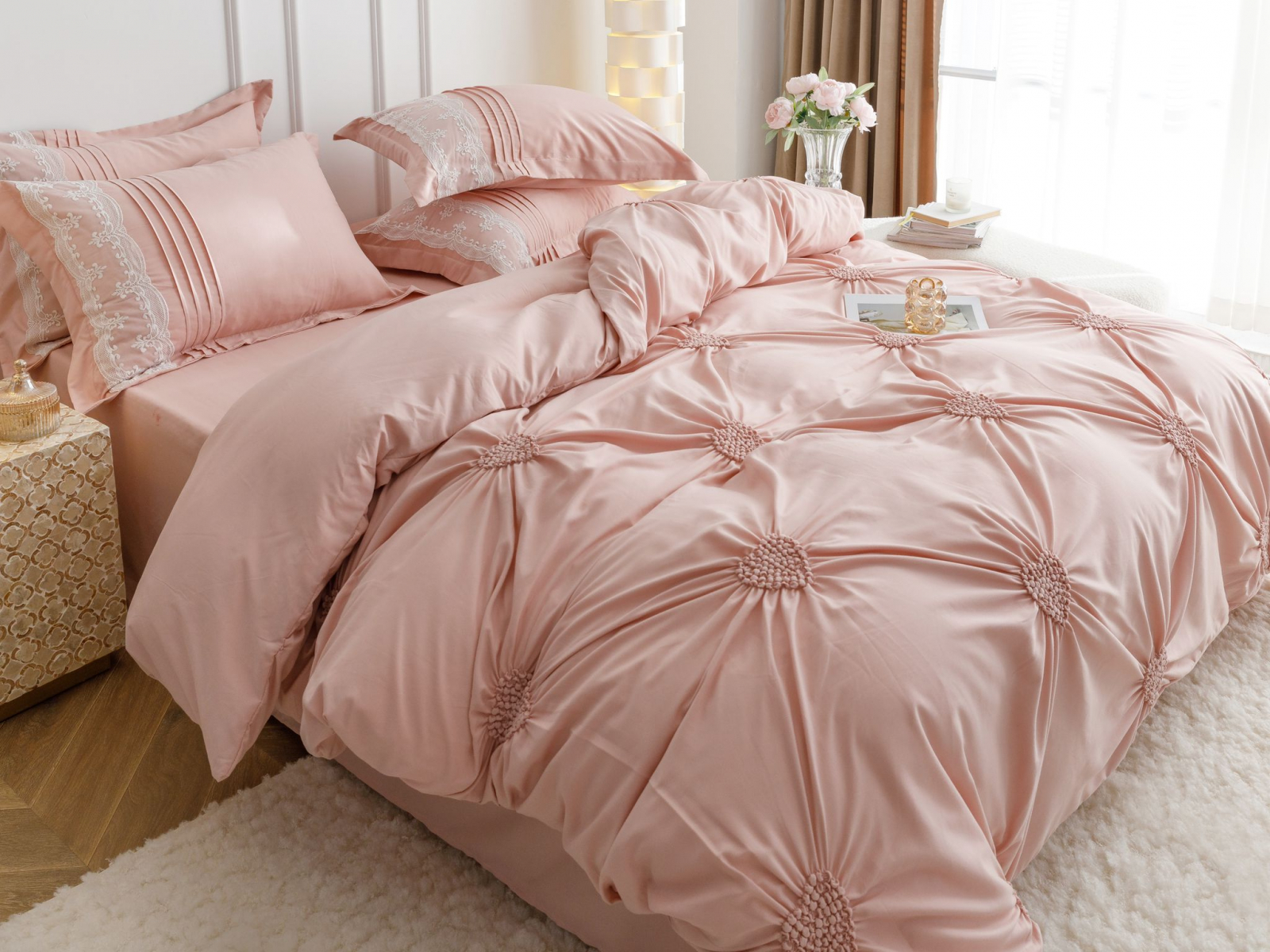 Lenjerie Pat Dublu, Bumbac Soft Touch, 6 piese, cu Pliuri Brodate - Roz Pudra [2]