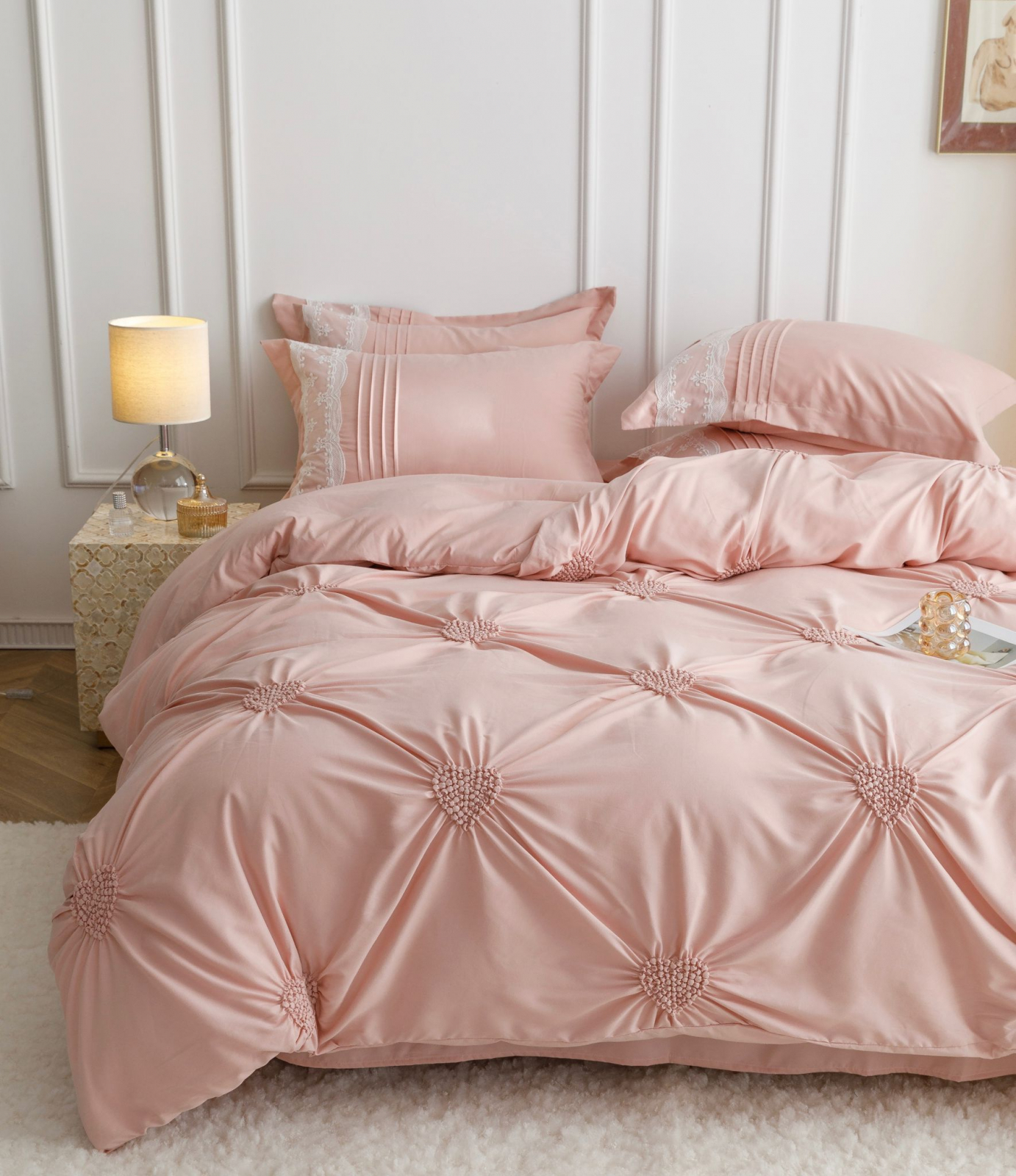 Lenjerie Pat Dublu, Bumbac Soft Touch, 6 piese, cu Pliuri Brodate - Roz Pudra [3]