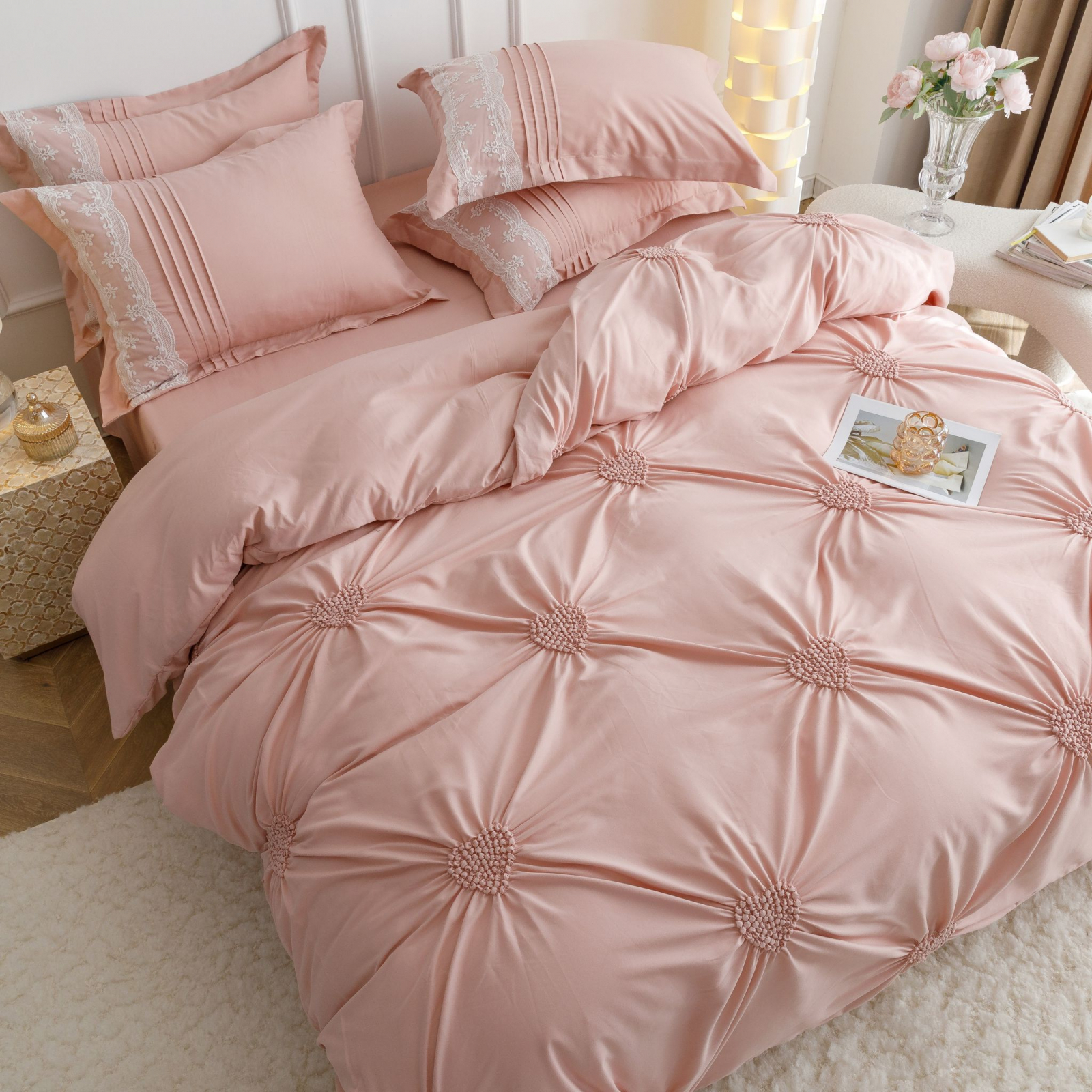 Lenjerie Pat Dublu, Bumbac Soft Touch, 6 piese, cu Pliuri Brodate - Roz Pudra [1]