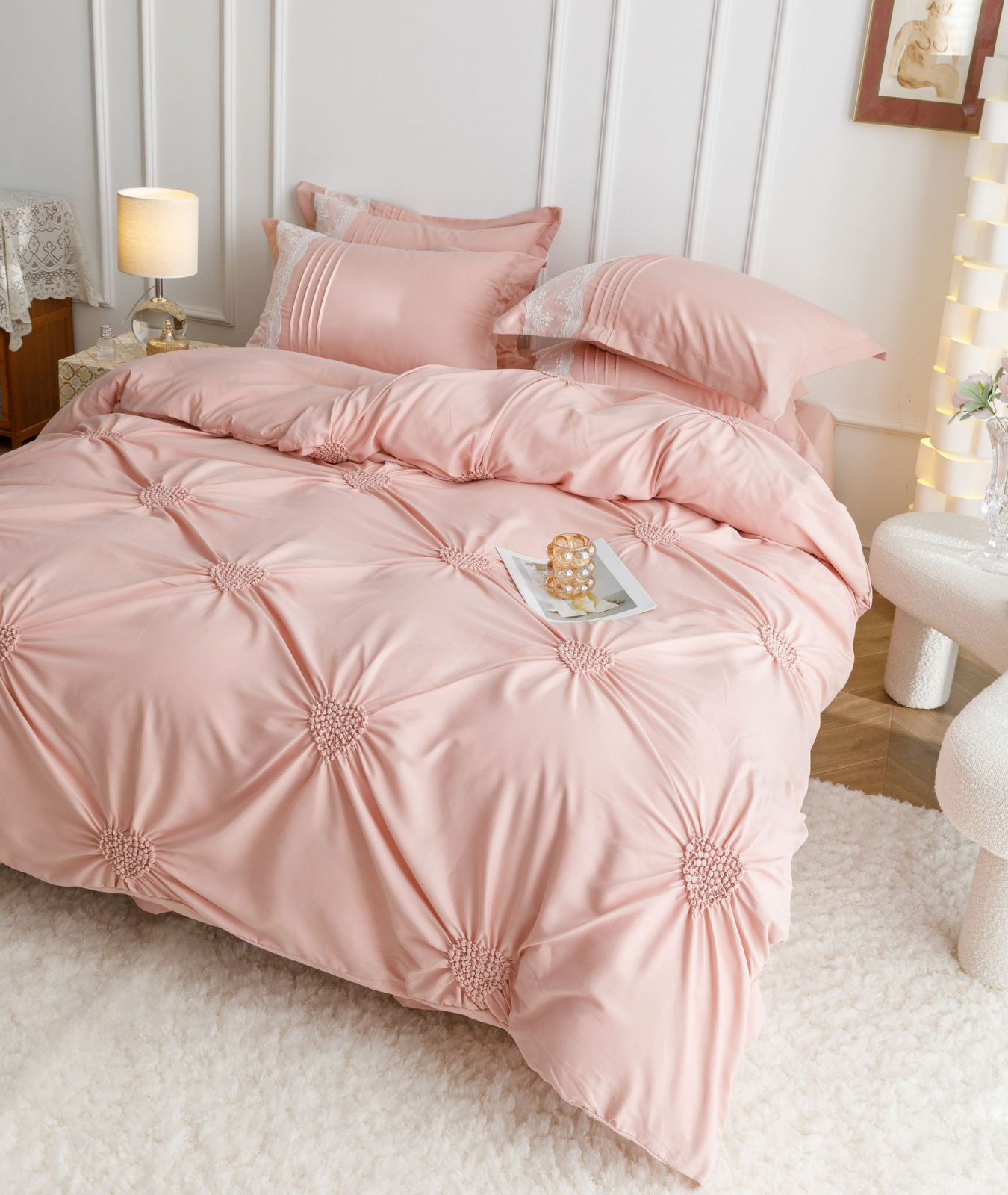 Lenjerie Pat Dublu, Bumbac Soft Touch, 6 piese, cu Pliuri Brodate - Roz Pudra [4]