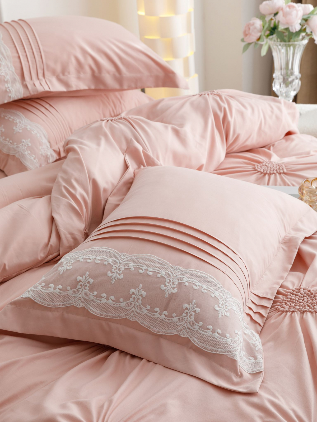 Lenjerie Pat Dublu, Bumbac Soft Touch, 6 piese, cu Pliuri Brodate - Roz Pudra [6]