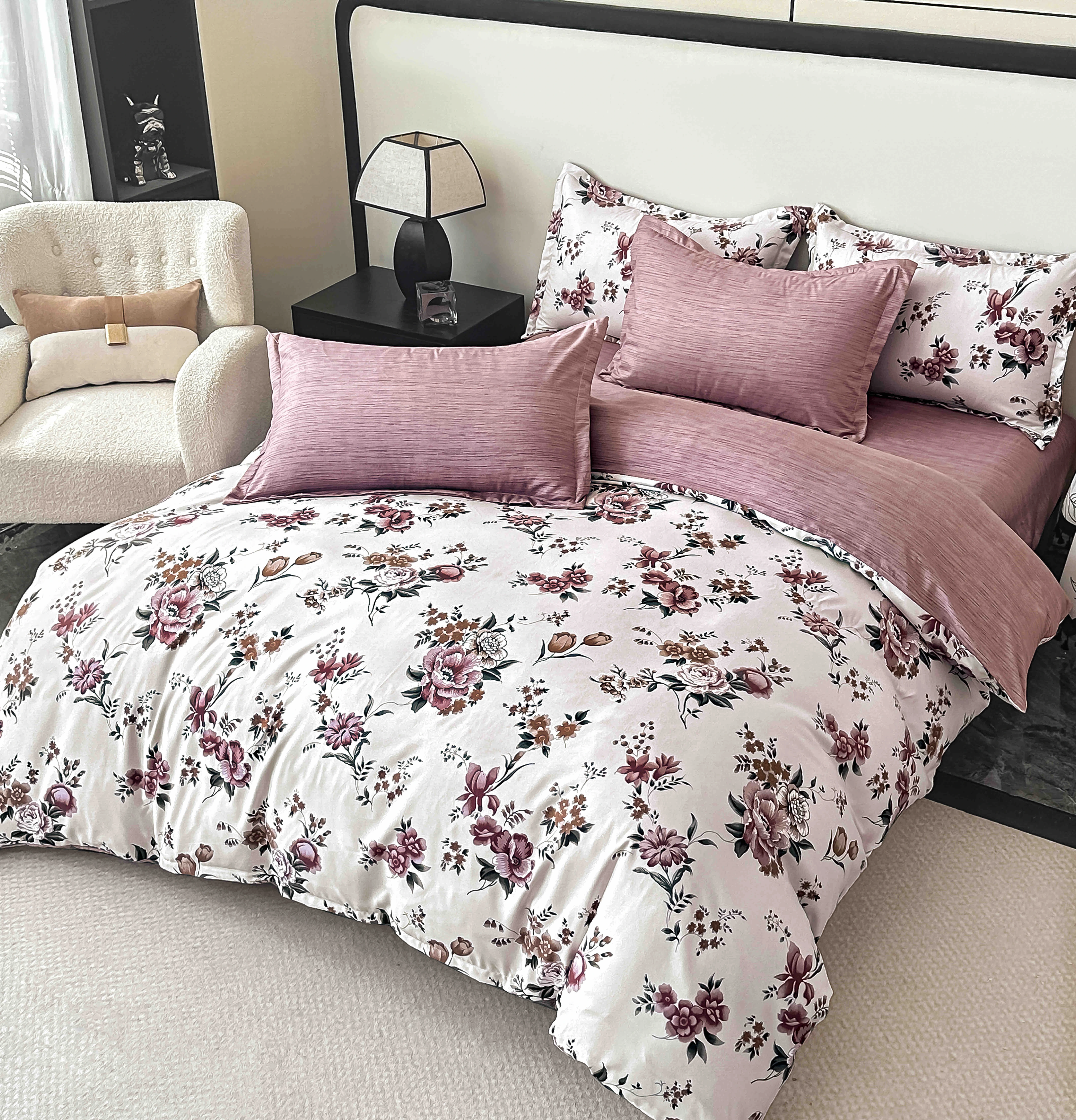 LENJERII DE PAT - Lenjerie de pat,FINET,6 Piese crem cu flori burgundy și frunze-FJ238