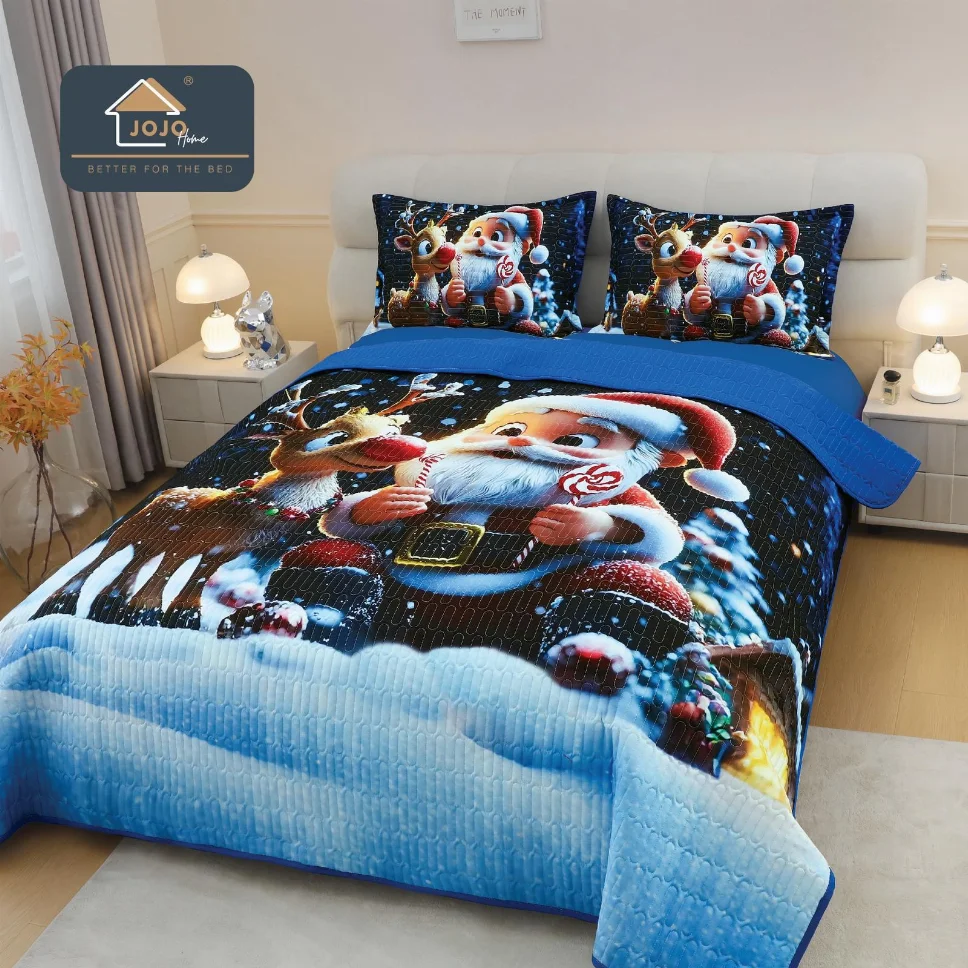 Cuvertura matlasata 3 piese, Moș Crăciun și ren cu zăpadă-CVM2 [1]